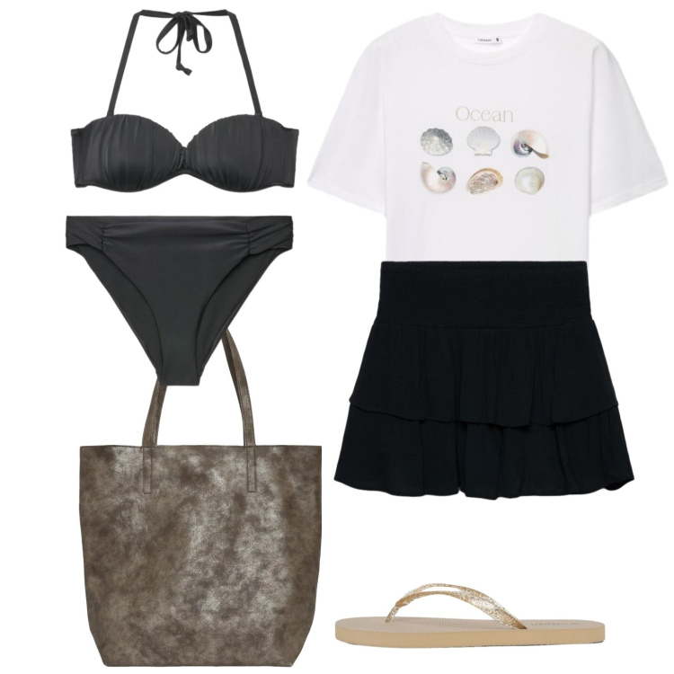 Outfit donna - Tutti al mare. Stile Casual per Mare. Abbinamento con t-shirt, bikini, minigonne, bikini, shopping bag, infradito.