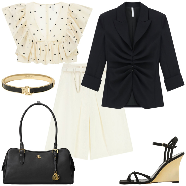Outfit donna - Imperial - Ufficio e apertivo. Stile Casual chic per Tutti i giorni. Abbinamento con blazer, bermuda, top, sandali col tacco, borse a mano, braccialetti.