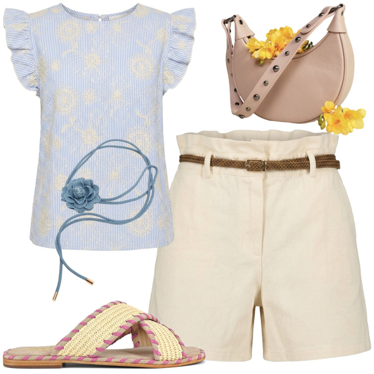 Outfit donna - Total look #2430117. Stile Casual per Tutti i giorni. Abbinamento con borse a spalla, cinture, shorts, top, ciabatte.