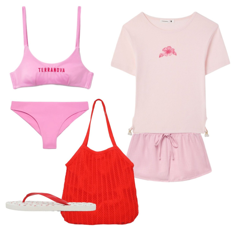 Outfit donna - Summer essentials. Stile Romantica per Mare. Abbinamento con shorts, bikini, shopping bag, infradito, bikini, t-shirt.