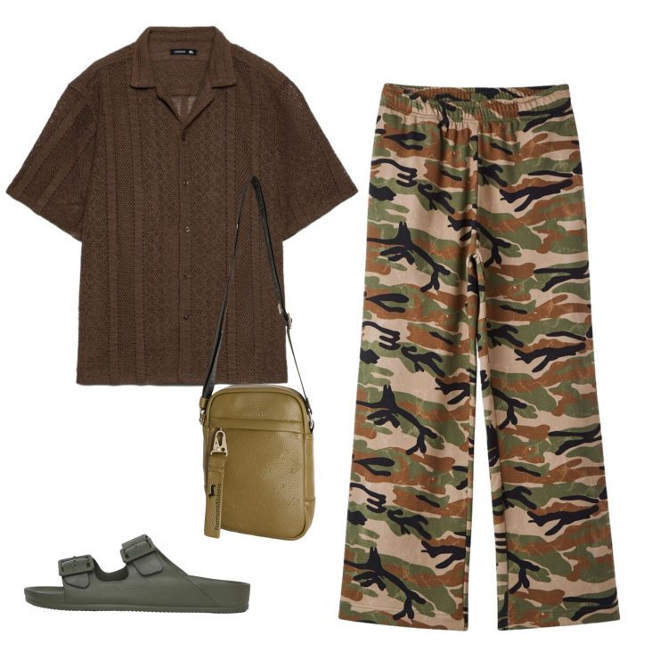 Outfit uomo - Natura Urbana. Stile Urban per Mare. Abbinamento con borse sportive, pantaloni, sandali, camicie a manica corta.