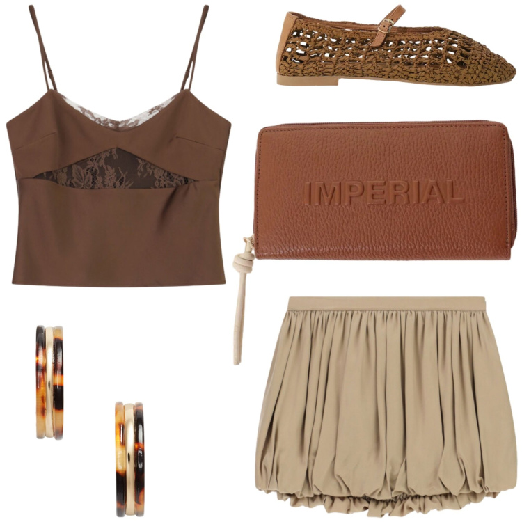 Outfit donna - Summer style ideas. Stile Glamour per Tutti i giorni. Abbinamento con minigonne, canottiere, portafogli, ballerine, orecchini.