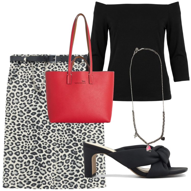 Outfit donna - La borsa rossa. Stile Casual chic Abbinamento con shopping bag, gonne longuette, ciondoli, t-shirt, sandali col tacco.