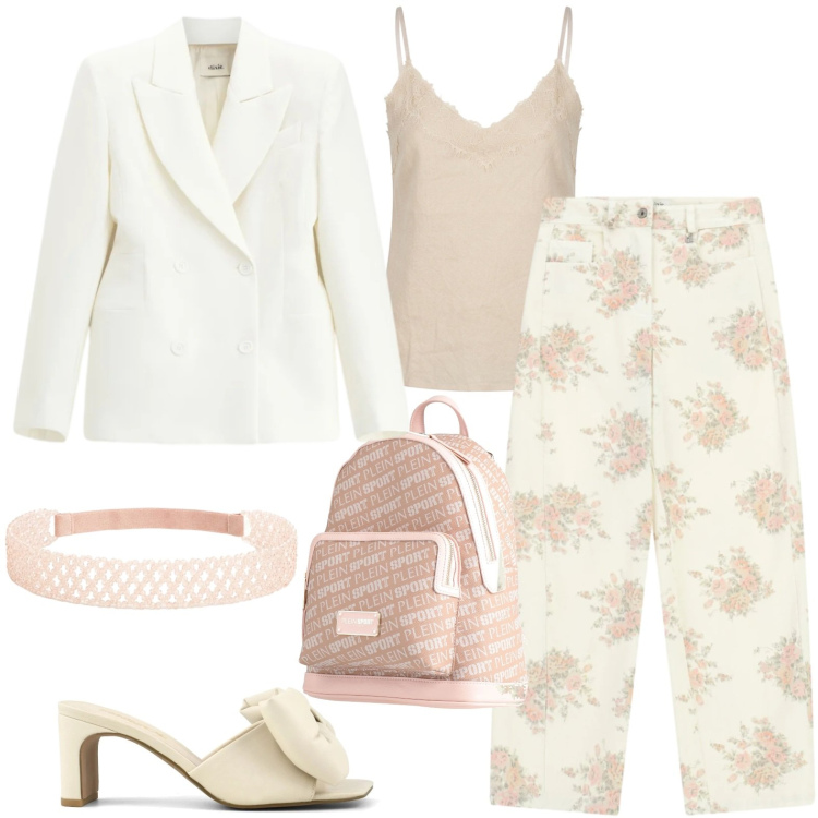 Outfit donna - Total look #2430125. Stile Casual chic per Tutti i giorni. Abbinamento con zaini, pantaloni a palazzo, blazer, top, cinture, sandali col tacco.