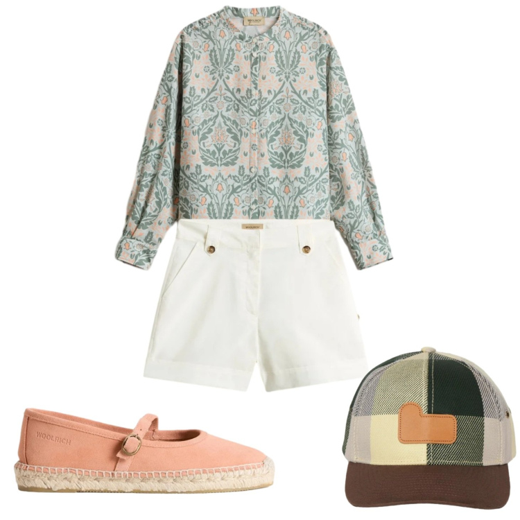 Outfit donna - Fresche serate. Stile Casual chic per Tutti i giorni. Abbinamento con camicie, pantaloni corti, espadrillas, cappelli con visiera.