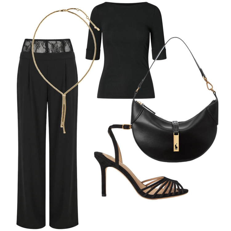 Outfit donna - Serata chic. Stile Chic per Serata fuori. Abbinamento con pantaloni a palazzo, t-shirt, borse a spalla, sandali col tacco, collane.