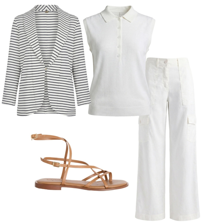Outfit donna - Total look #2430131. Stile Casual per Ufficio. Abbinamento con pantaloni cargo, polo, sandali in pelle, blazer.
