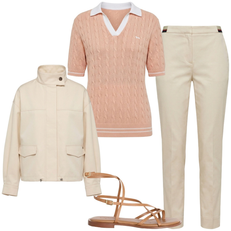 Outfit donna - Casual. Stile Casual per Tutti i giorni. Abbinamento con pantaloni chino, polo, bomber, sandali in pelle.