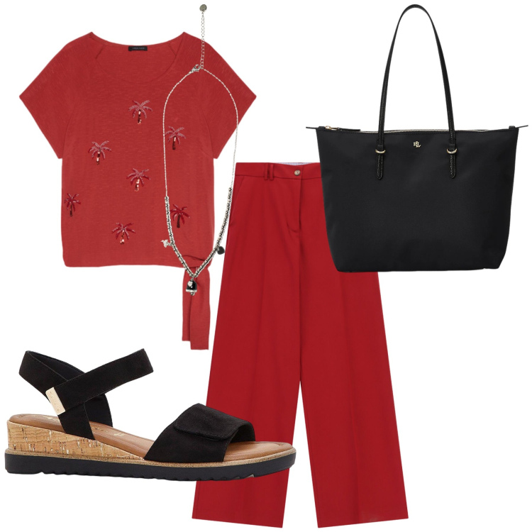 Outfit donna - Pomeriggio con le amiche. Stile Casual per Tutti i giorni. Abbinamento con sandali, pantaloni a palazzo, top, ciondoli, borse tote.