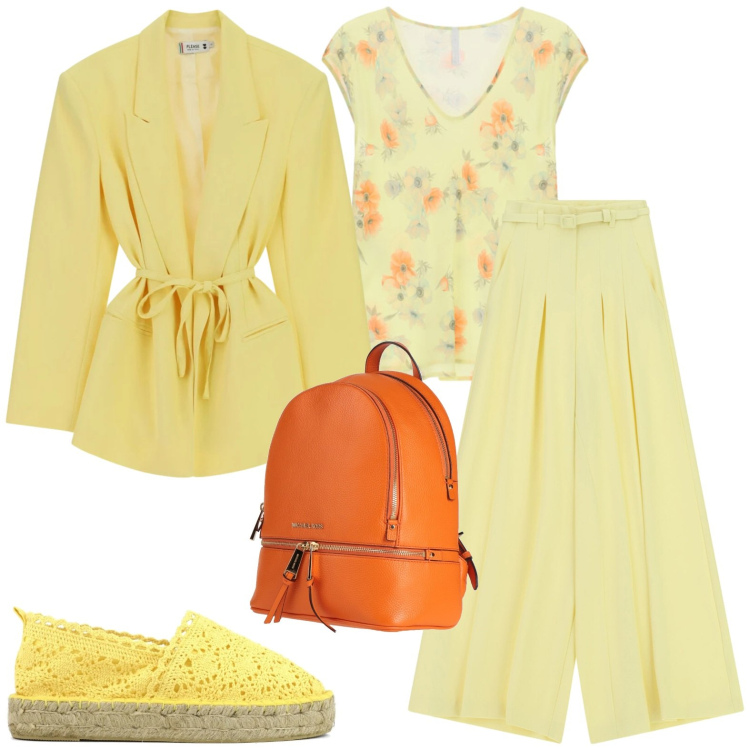 Outfit donna - Solare. Stile Casual per Tutti i giorni. Abbinamento con zaini, blazer, top, pantaloni a palazzo, espadrillas.