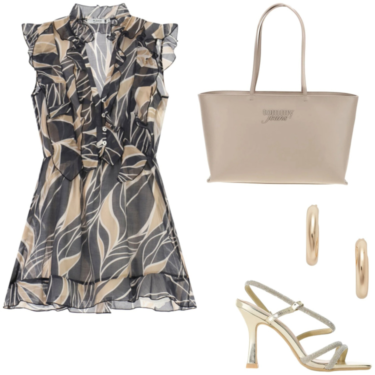 Outfit donna - Serata estiva. Stile Glamour per Serata fuori. Abbinamento con sandali col tacco, vestiti corti, orecchini, borse a spalla.