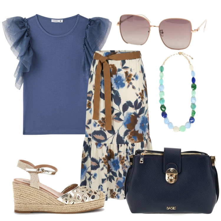 Outfit donna - Espadrillas & fiori. Stile Chic per Tutti i giorni. Abbinamento con t-shirt, collane, gonne lunghe, occhiali da sole, zeppe, borse a tracolla.