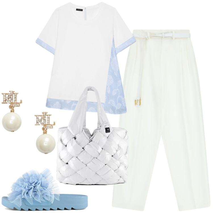 Outfit donna - Total look #2430143. Stile Casual per Tutti i giorni. Abbinamento con pantaloni a palazzo, t-shirt, orecchini, borse tote, ciabatte.