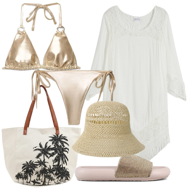 Outfit donna - Bianco e oro per il mare. Stile Casual chic per Mare. Abbinamento con vestiti da spiaggia, bikini, bikini, cappelli, shopping bag, ciabatte.