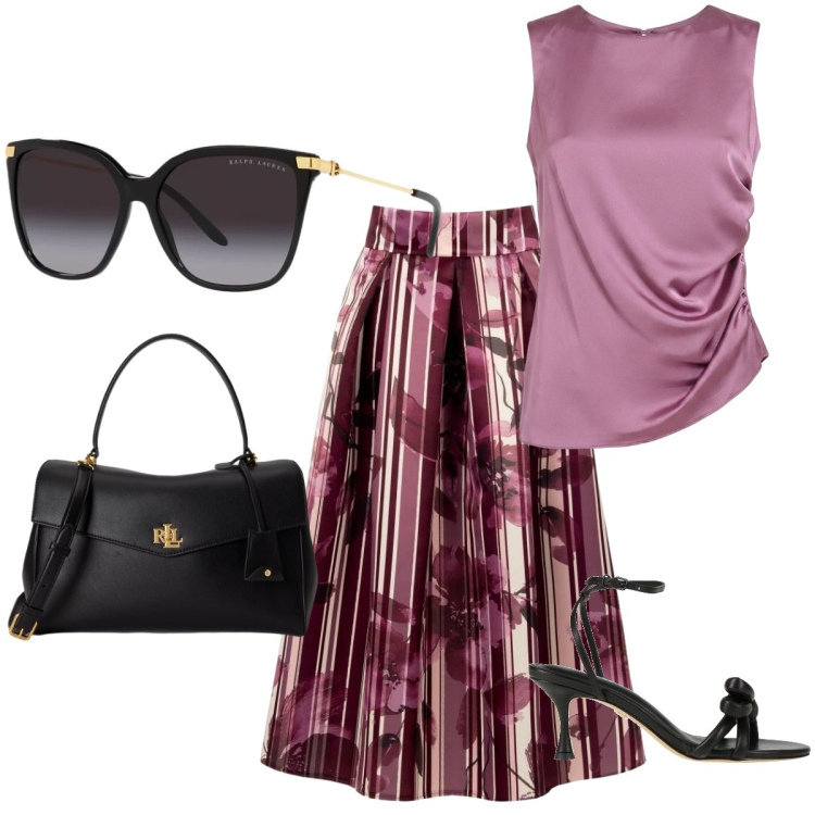 Outfit donna - Elegante in città. Stile Chic per Tutti i giorni. Abbinamento con sandali in pelle, gonne longuette, canottiere, occhiali da sole, borse a mano.