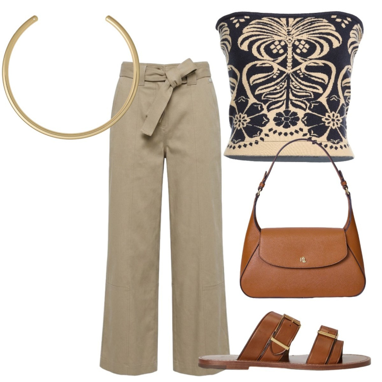 Outfit donna - Il top senza spalline. Stile Glamour per Tutti i giorni. Abbinamento con top, pantaloni, sandali in pelle, borse a spalla, collane.