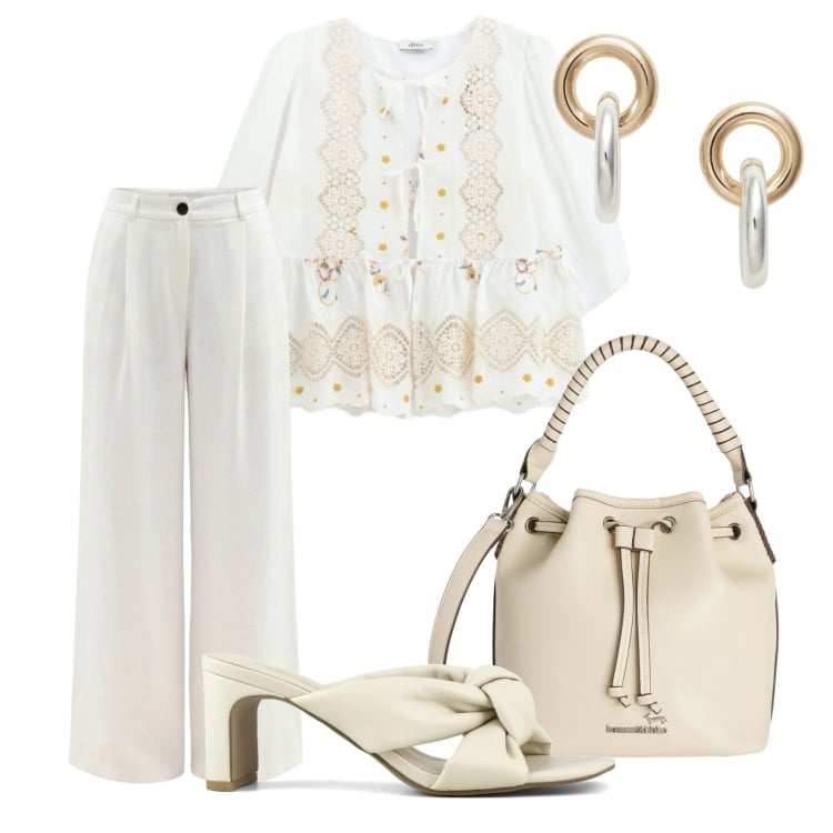 Outfit donna - Total white per l\'estate. Stile Chic per Tutti i giorni. Abbinamento con borse a secchiello, pantaloni a palazzo, bluse, orecchini, sandali col tacco.