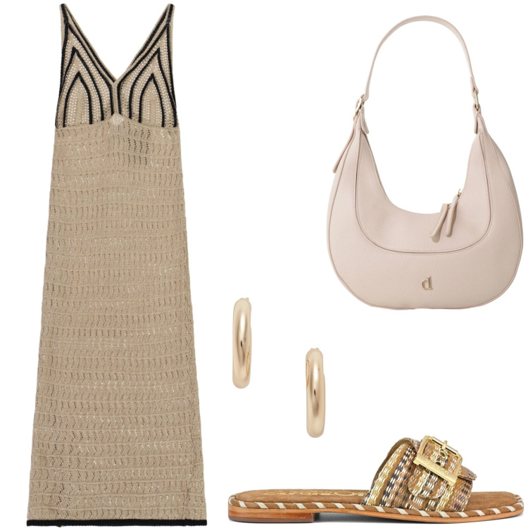 Outfit donna - Aperitivo vista mare. Stile Trendy per Tutti i giorni. Abbinamento con vestiti midi/longuette, borse a tracolla, orecchini, ciabatte.