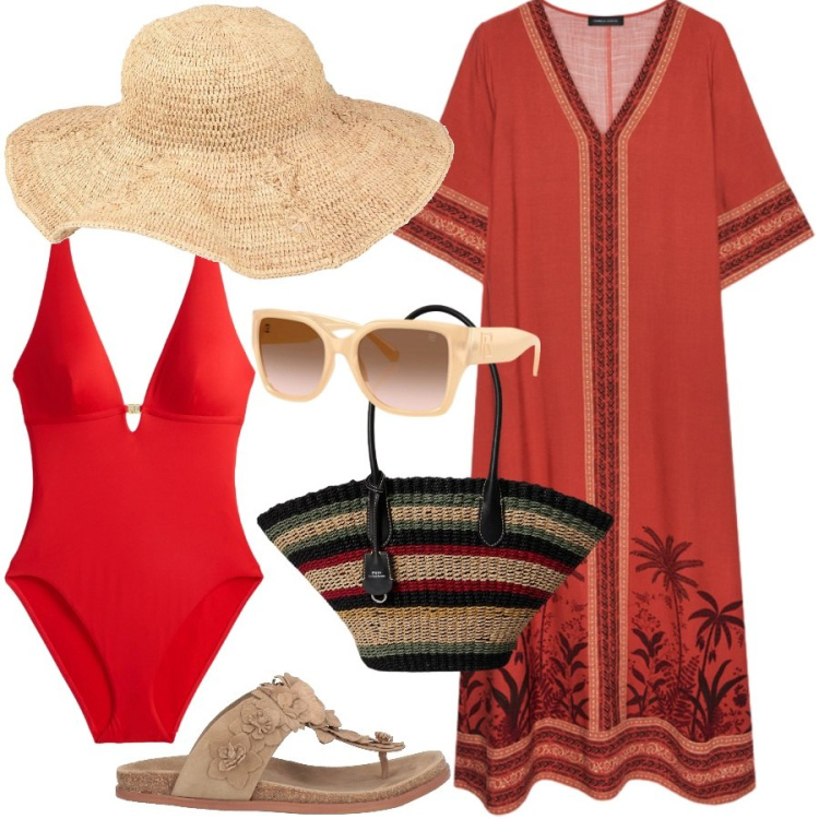 Outfit donna - Glamour in spiaggia. Stile Glamour per Mare. Abbinamento con cappelli, infradito, caftani, occhiali da sole, borse tote, costumi interi.
