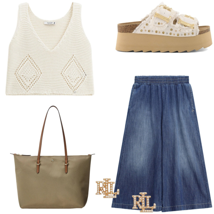 Outfit donna - I jeans comodi. Stile Casual chic per Tutti i giorni. Abbinamento con top, jeans, borse tote, orecchini, zeppe.