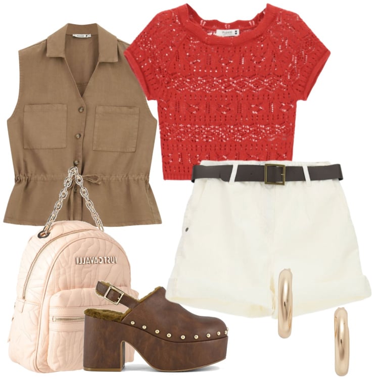 Outfit donna - Total look #2430155. Stile Casual chic per Tutti i giorni. Abbinamento con zaini, orecchini, shorts, gilet, top, sabot.