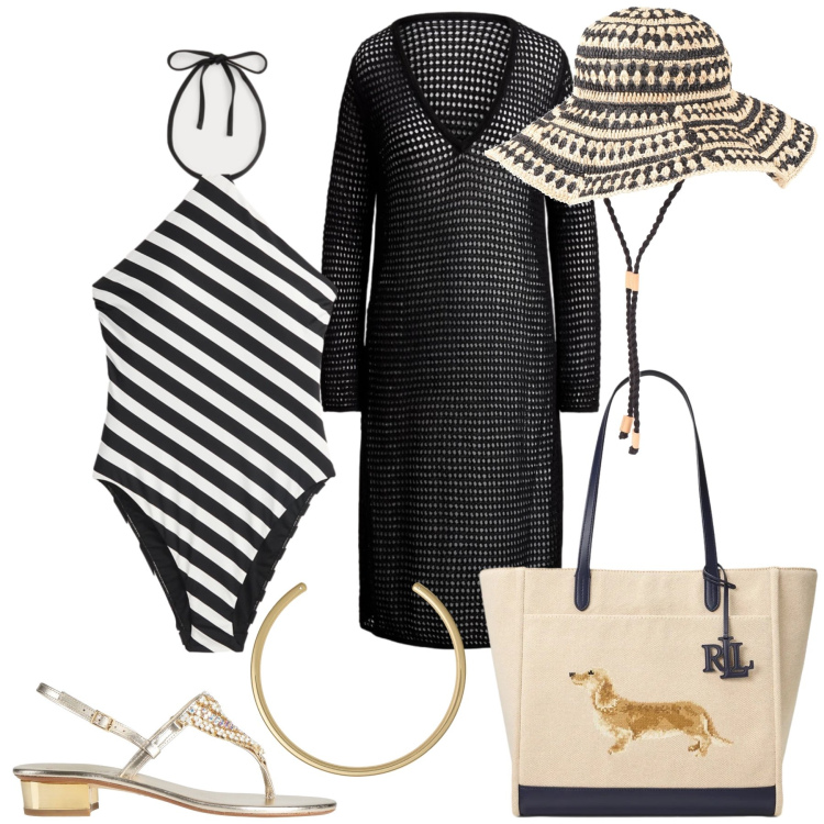 Outfit donna - Total look #2430157. Stile Casual chic per Mare. Abbinamento con infradito, cappelli, borse tote, collane, costumi interi, vestiti da spiaggia.