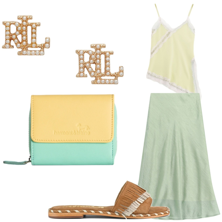 Outfit donna - Giallo e verde acqua. Stile Casual chic per Tutti i giorni. Abbinamento con portafogli, gonne longuette, top, orecchini, ciabatte.