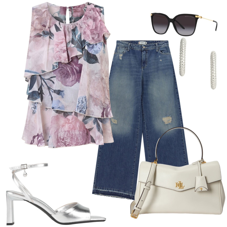 Outfit donna - Total look #2430159. Stile Casual chic per Tutti i giorni. Abbinamento con sandali col tacco, top, jeans dritti, occhiali da sole, orecchini, borse a mano.