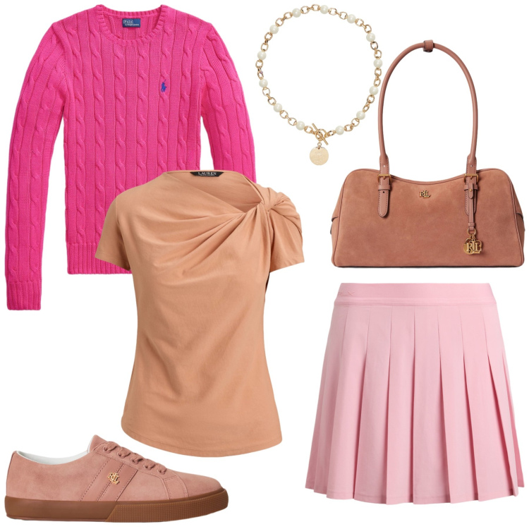 Outfit donna - Total look #2430161. Stile Preppy per Tutti i giorni. Abbinamento con collane, sneakers, borse a mano, t-shirt, minigonne, maglieria.