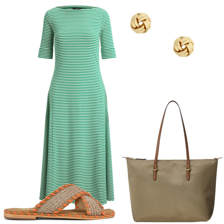 Outfit donna - Un salto al mercato. Stile Trendy per Tutti i giorni. Abbinamento con vestiti, borse tote, orecchini, ciabatte.
