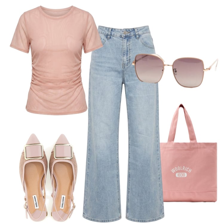 Outfit donna - Pink & Denim. Stile Basic per Tutti i giorni. Abbinamento con t-shirt, jeans a zampa, occhiali da sole, borse tote, sandali.