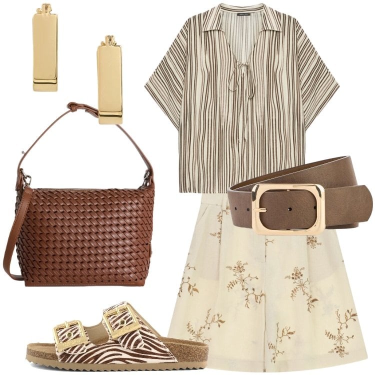 Outfit donna - Pattern sotto il sole. Stile Trendy per Tutti i giorni. Abbinamento con cinture, bermuda, borse a spalla, bluse, orecchini, sandali in pelle.