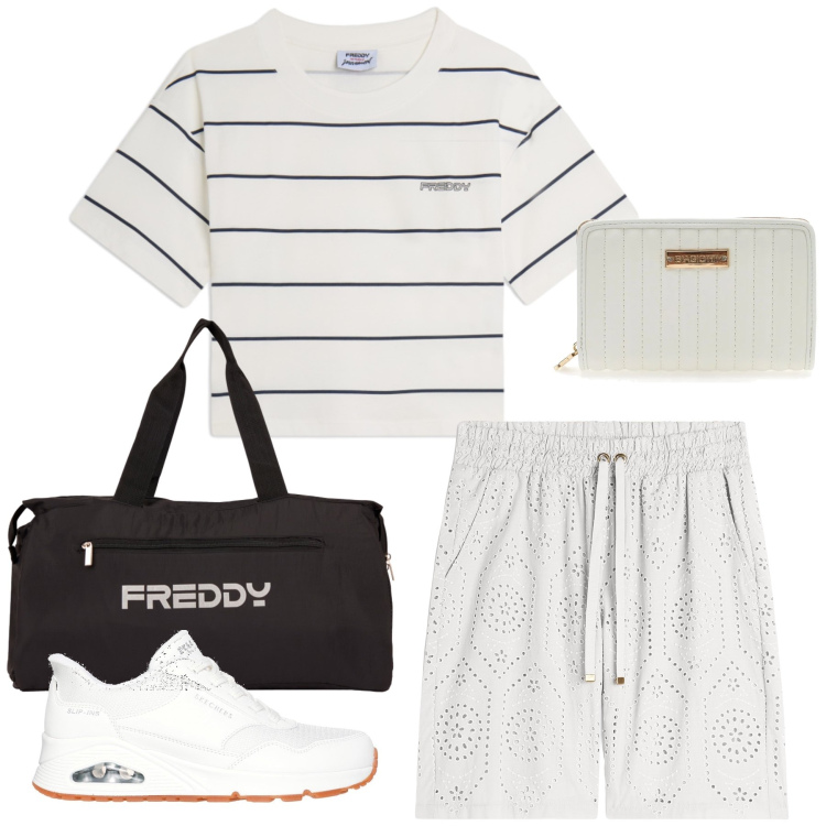 Outfit donna - Total look #2430171. Stile Sporty chic per Sport. Abbinamento con borse sportive, t-shirt, bermuda, sneakers, portafogli.
