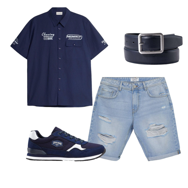 Outfit uomo - Casual in Blu. Stile Casual per Tutti i giorni. Abbinamento con sneakers, camicie a manica corta, bermuda, cinture.