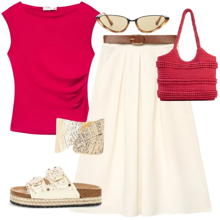 Outfit donna - Red fresh. Stile Casual chic per Tutti i giorni. Abbinamento con shopping bag, t-shirt, gonne lunghe, occhiali da sole, braccialetti, ciabatte.