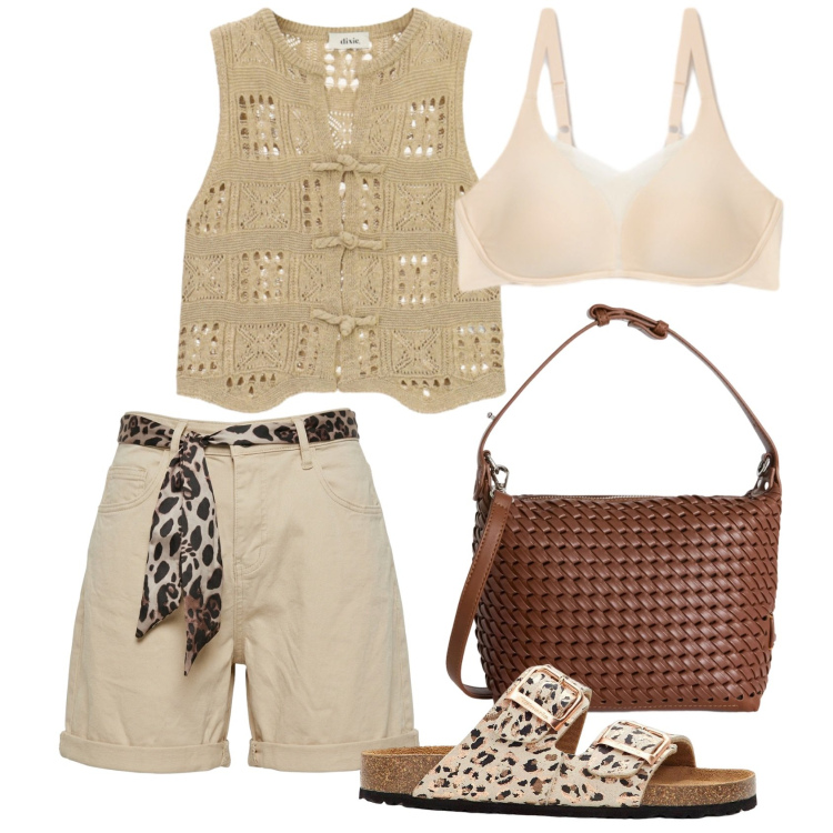 Outfit donna - Summer sale- safari style. Stile Casual chic per Tutti i giorni. Abbinamento con ciabatte, borse a spalla, gilet, shorts, reggiseni.