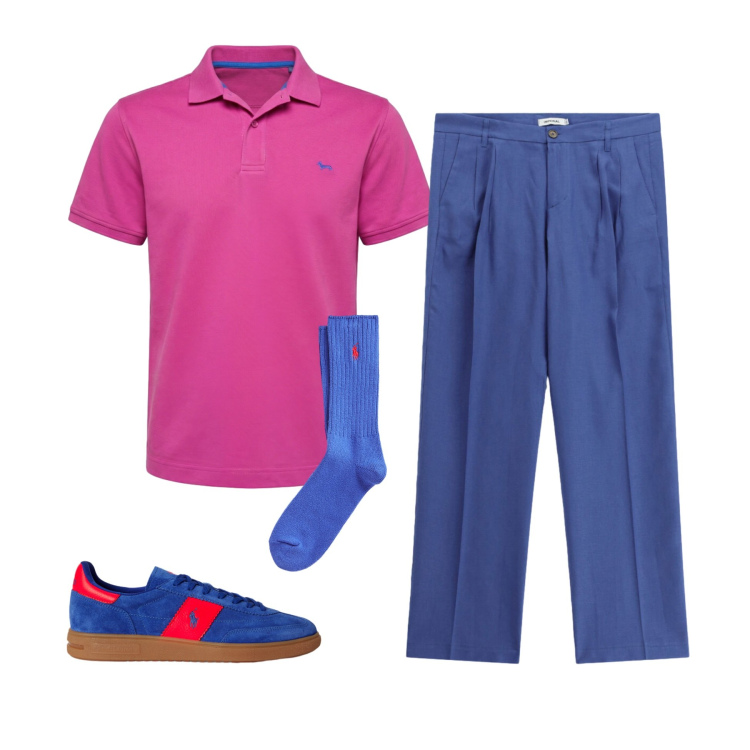 Outfit uomo - Bold in Blue & Pink. Stile Business/Elegante per Serata speciale. Abbinamento con polo, calzini, sneakers, pantaloni.
