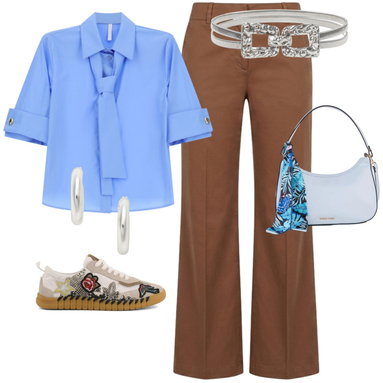 Outfit donna - Cielo & Tabacco. Stile Casual chic per Tutti i giorni. Abbinamento con borse a mano, pantaloni, orecchini, cinture, camicie a manica corta, sneakers.