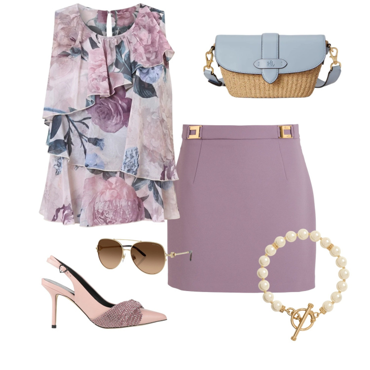 Outfit donna - Sfumature di Lavanda. Stile Chic per Cerimonia. Abbinamento con décolleté, minigonne, top, occhiali da sole, borse a spalla, collane.