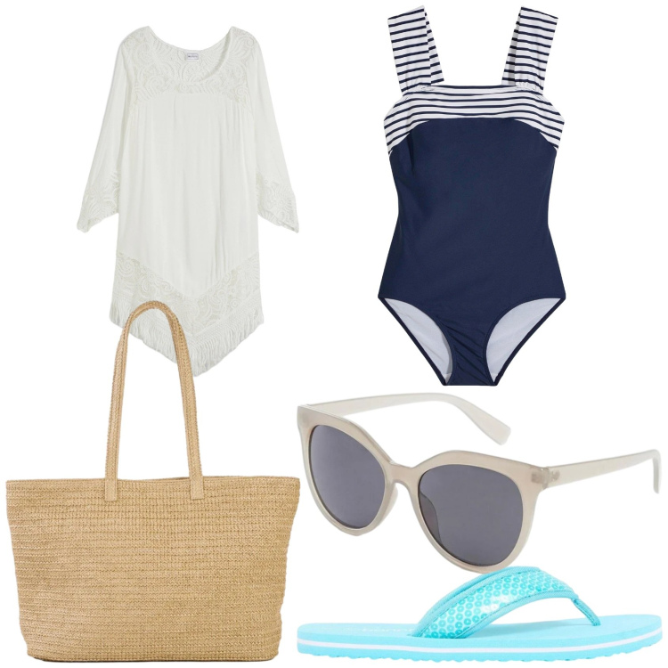 Outfit donna - Mare in Bon Prix. Stile Basic per Mare. Abbinamento con vestiti da spiaggia, costumi interi, shopping bag, occhiali da sole, infradito.