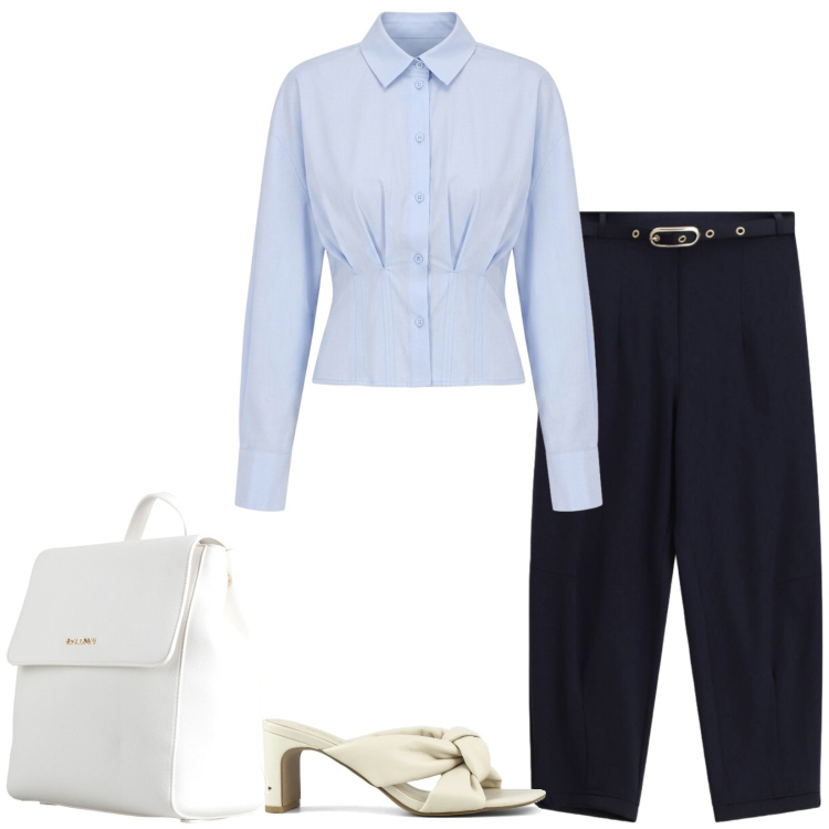 Outfit donna - In ufficio. Stile Bon Ton per Ufficio. Abbinamento con zaini, camicie, pantaloni, sandali col tacco.