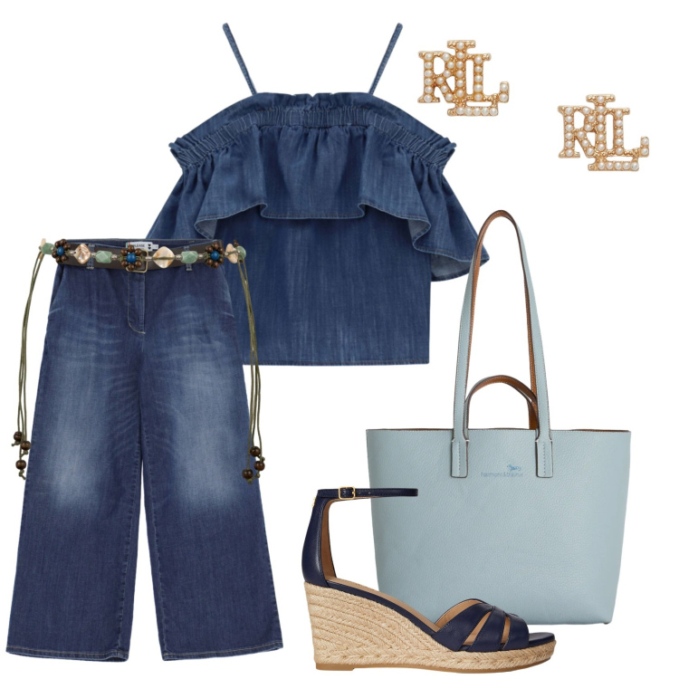 Outfit donna - Coordinato che va di moda. Stile Chic per Serata fuori. Abbinamento con shopping bag, top, jeans, cinture, orecchini, zeppe.