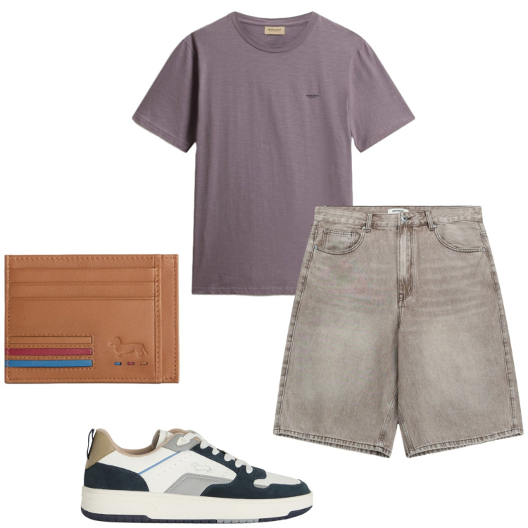 Outfit uomo - Mix and match. Stile Casual per Tutti i giorni. Abbinamento con portafogli, sneakers, t-shirt, bermuda.