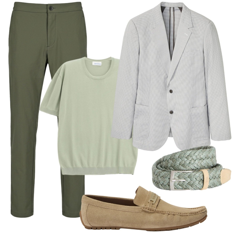 Outfit uomo - Fresco insieme. Stile Casual per Ufficio. Abbinamento con giacche, scarpe stringate, cinture, pantaloni, t-shirt.