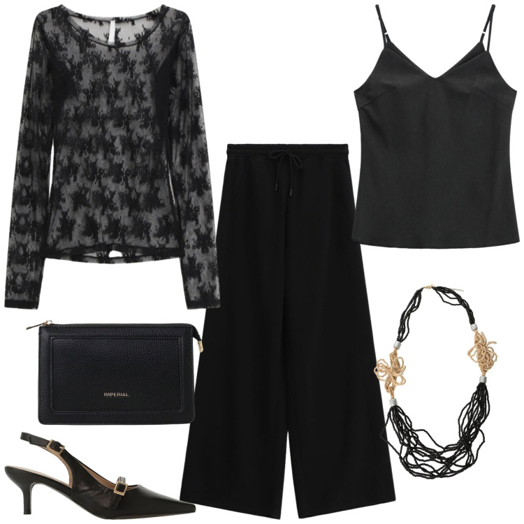Outfit donna - Imperial day and night. Stile Casual chic per Tutti i giorni. Abbinamento con collane, pantaloni a palazzo, bluse, canottiere, borse a tracolla, sandali col tacco.