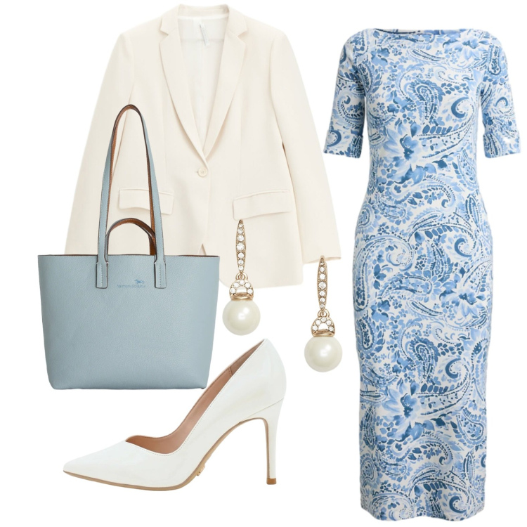 Outfit donna - Abito fantasia. Stile Casual per Ufficio. Abbinamento con shopping bag, vestiti midi/longuette, orecchini, décolleté, blazer.