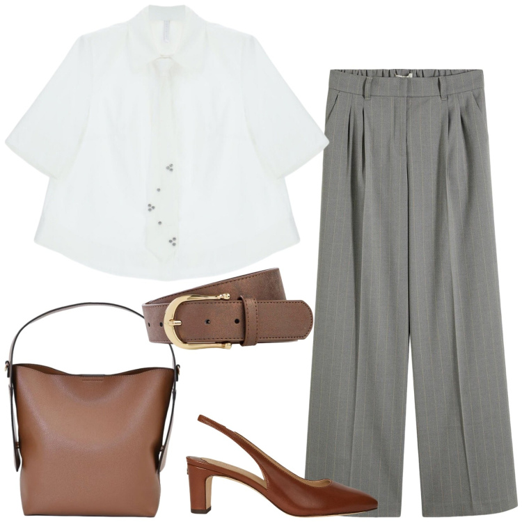 Outfit donna - Office. Stile Mannish per Ufficio. Abbinamento con pantaloni a palazzo, cinture, borse a mano, camicie a manica corta, décolleté.