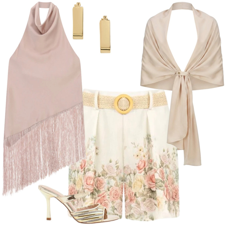 Outfit donna - Pink chic. Stile Casual chic per Serata fuori. Abbinamento con sabot, shorts, stole, top, orecchini.