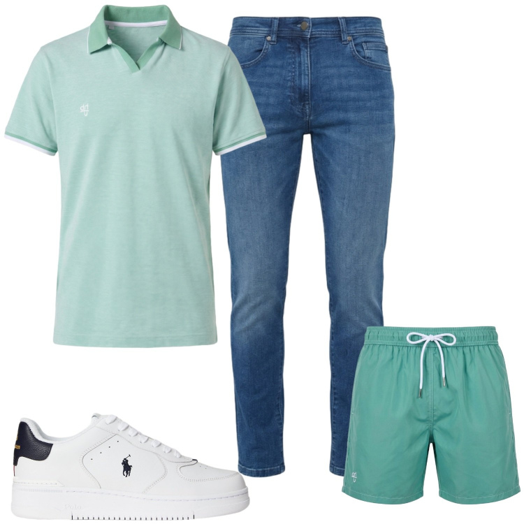 Outfit uomo - Total look #2430198. Stile Casual per Mare. Abbinamento con jeans slim fit, costumi, polo, sneakers.