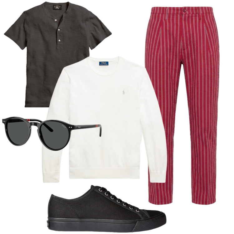Outfit uomo - Total look #2430200. Stile Trendy per Tutti i giorni. Abbinamento con pantaloni, t-shirt, sneakers, maglieria, occhiali da sole.